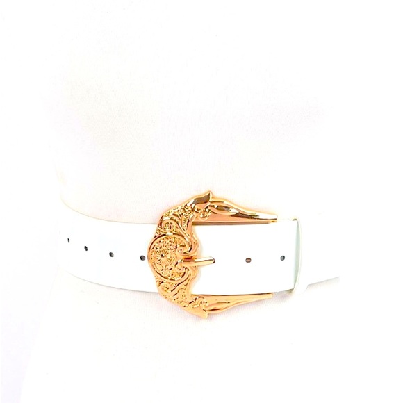 Plus Size White & Gold Patent Leather Statement Belt - Picture 9 of 9